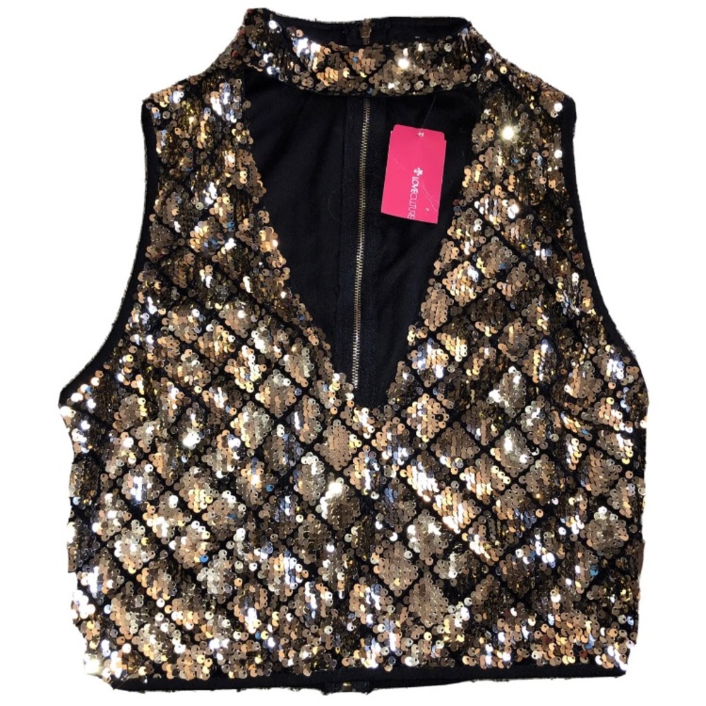 Choker Style Sequin Gold & Black Knit Party Cocktail Top Size M New.! ✨